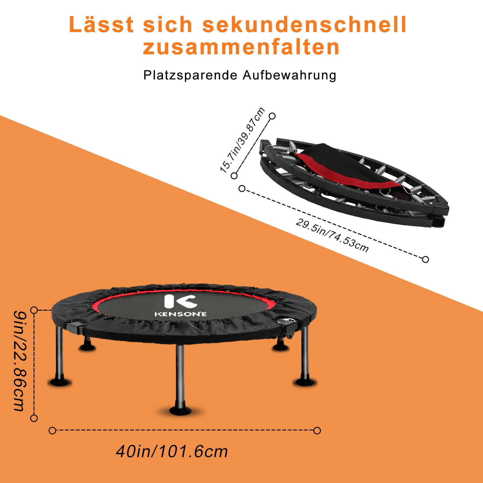 Foldable Mini Trampoline with Adjustable Handrail, 101.6 cm Fitness Trampoline